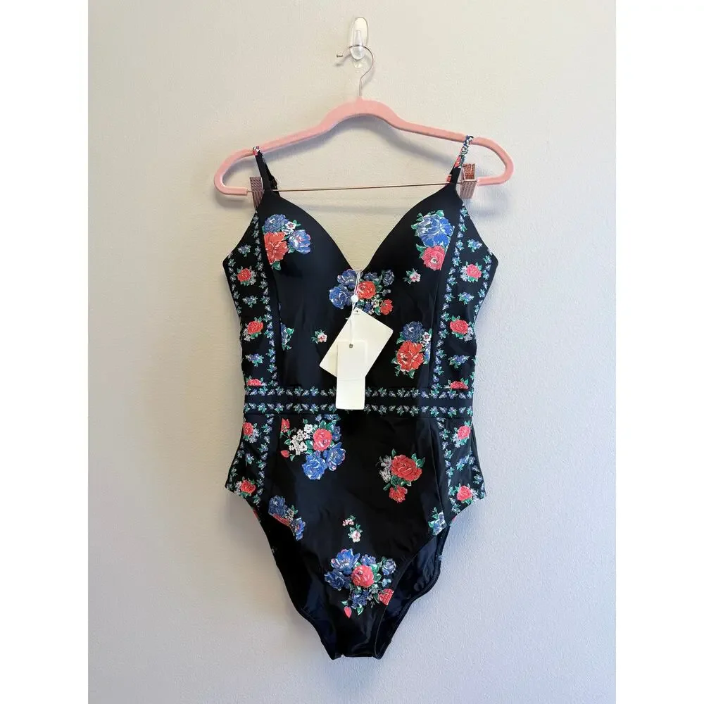 TORY BURCH Tea Rose Heirloom Stripe Floral One Piece Swimsuit L NWT